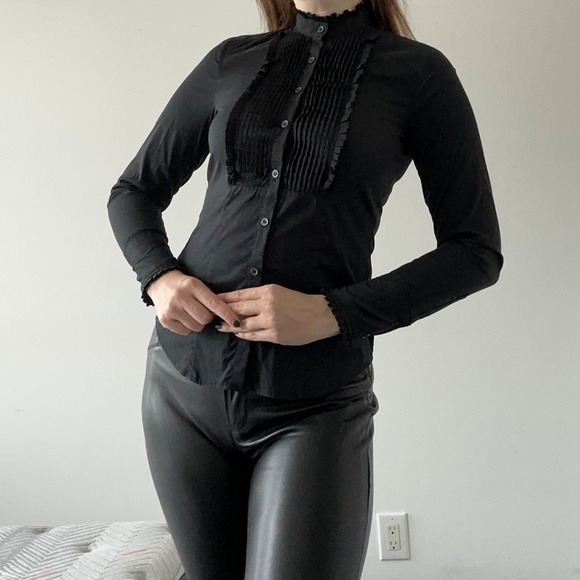 Club Monaco black buttoned shirt gothic ruffle bib long sleeve fitted slim XS - Picture 2 of 10